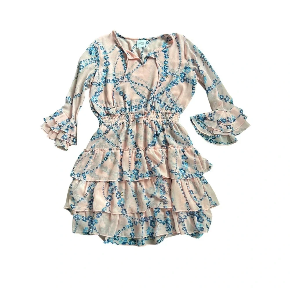 Misa Elle Kids Pink Blue Floral Long Sleeve Ruffle Tiered Dress Size 16‎